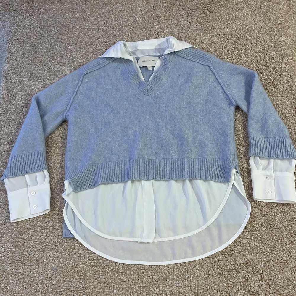 Brochu Walker Womens Sweater Medium Blue Looker Layered V Neck Cashmere *Hole*